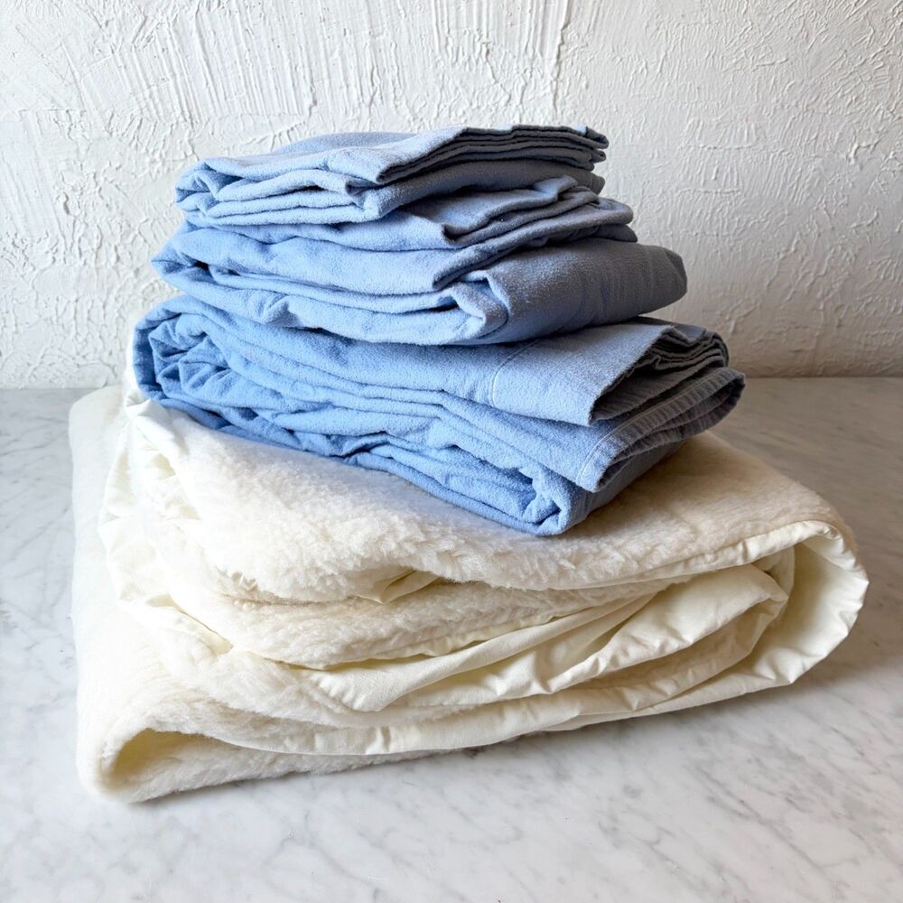 Vintage LL Bean Twin Belgian Flannel Sheet Set Blue Cotton + Mattress Pad 4 Pc